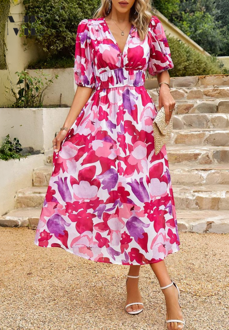 Floral Puff Sleeve Midi Dress for Women