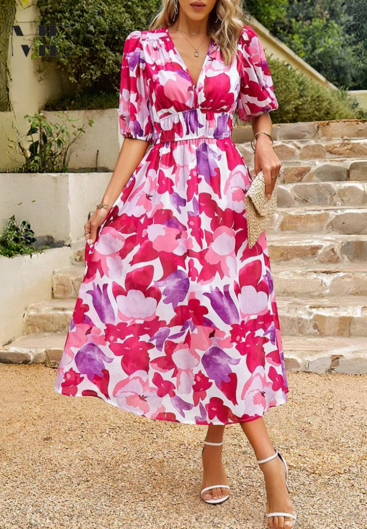 Floral Puff Sleeve Midi Dress for Women