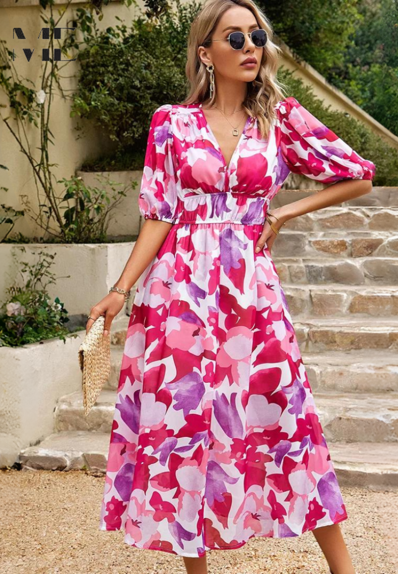 Floral Puff Sleeve Midi Dress for Women