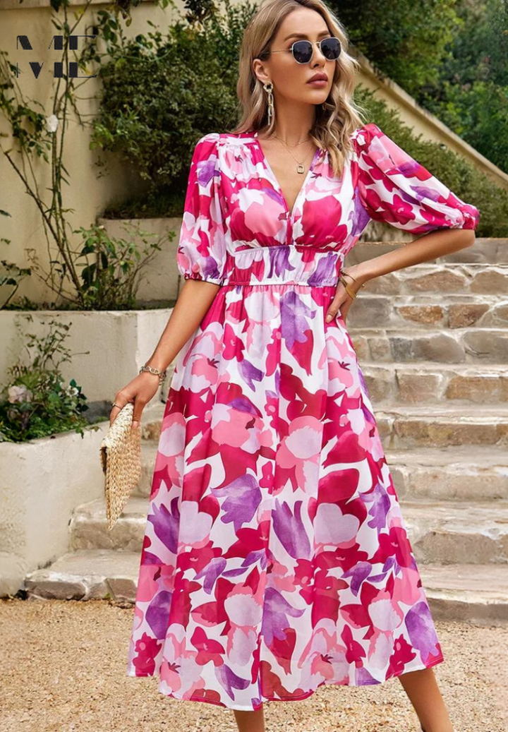 Floral Puff Sleeve Midi Dress for Women