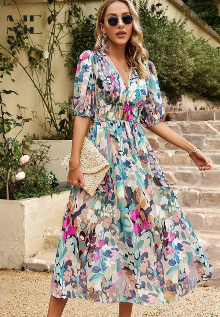 Floral Puff Sleeve Midi Dress for Women