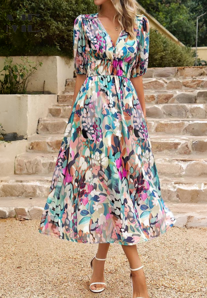 Floral Puff Sleeve Midi Dress for Women