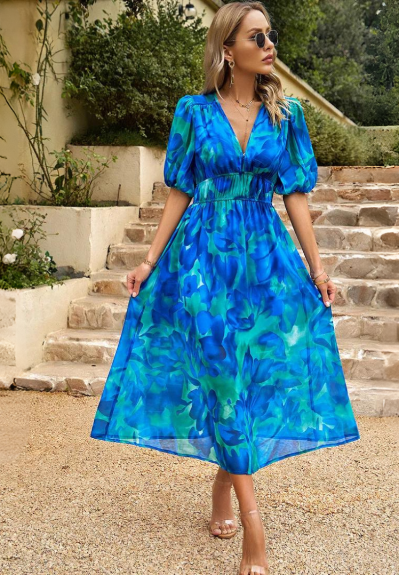 Floral Puff Sleeve Midi Dress for Women