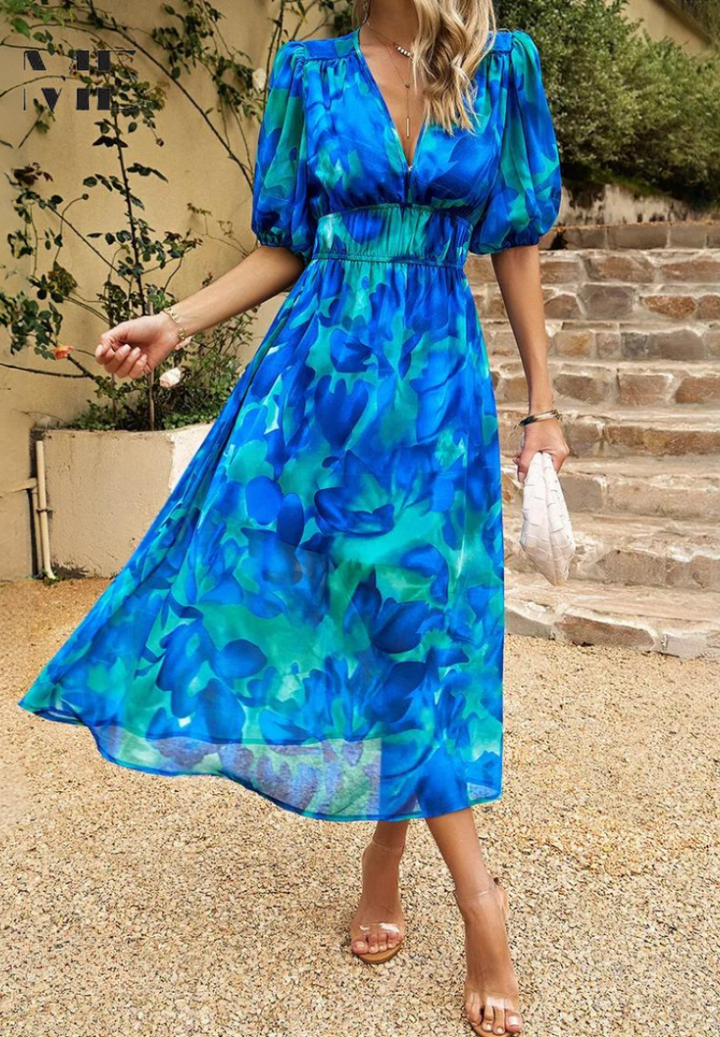 Floral Puff Sleeve Midi Dress for Women