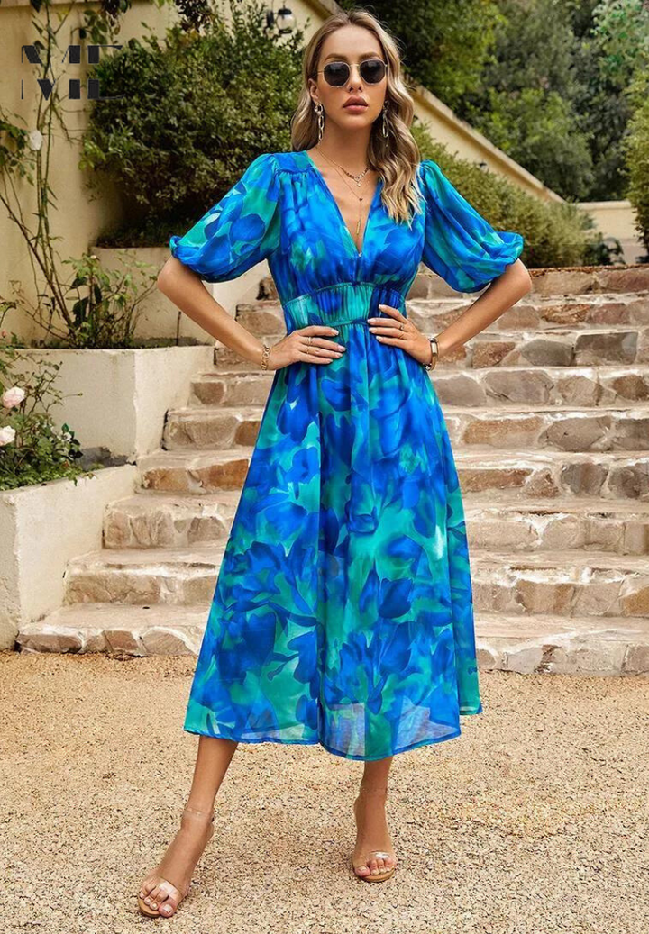 Floral Puff Sleeve Midi Dress for Women