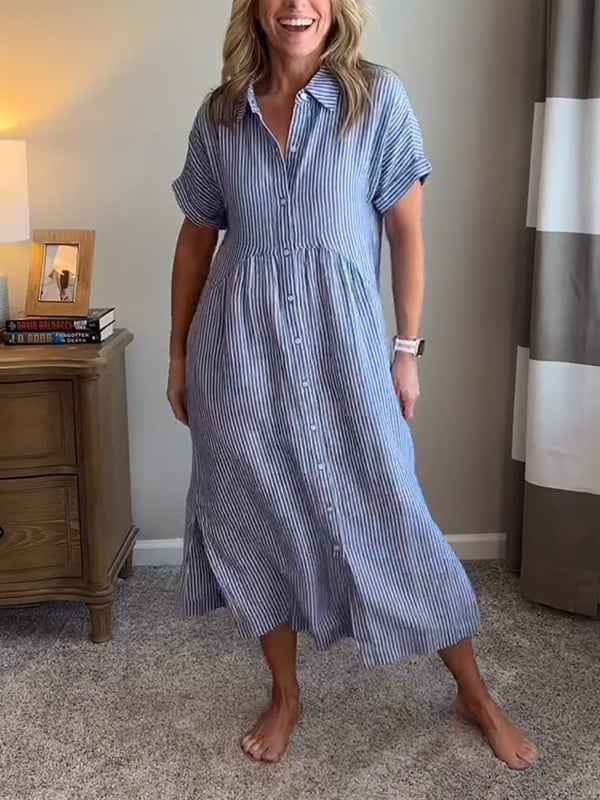 Striped Midi Shirt Dress with Pockets for Women