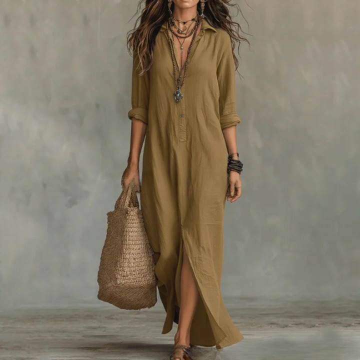 V-Neck Maxi Dress with 3/4 Sleeves for Women