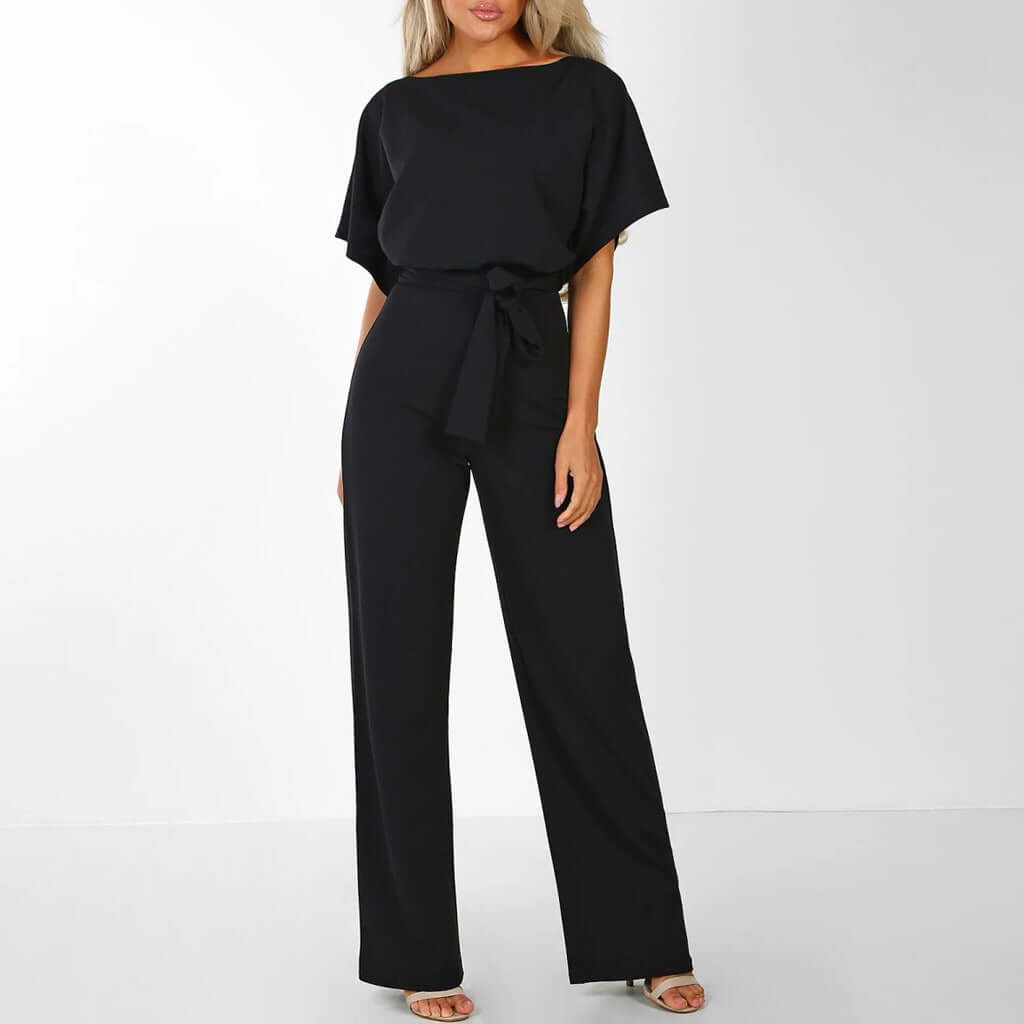 Short Sleeve Tie Belt Jumpsuit for Women