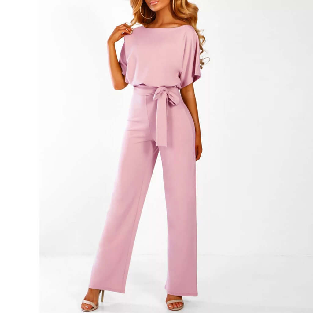 Short Sleeve Tie Belt Jumpsuit for Women