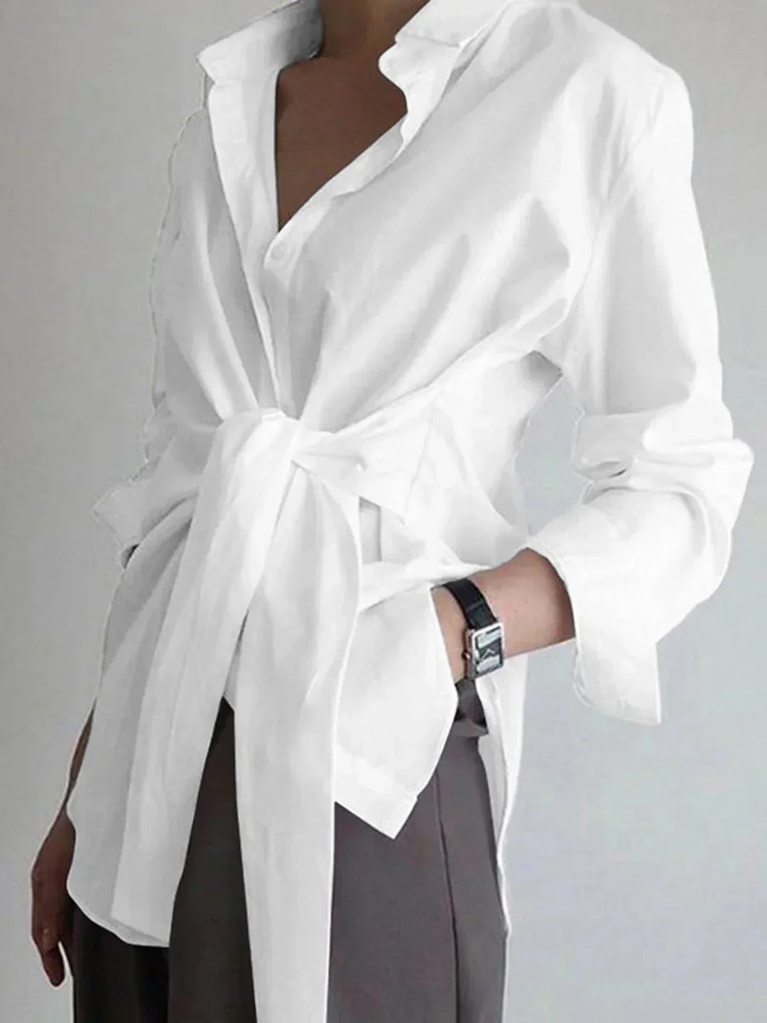 Oversized Tie-Front Long Sleeve Shirt for Women