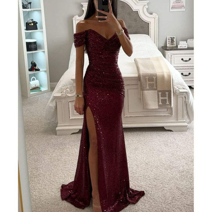 Off-Shoulder Sequin Gown with High Slit for Women
