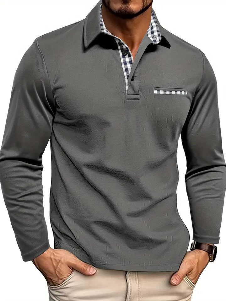 Long Sleeve Check Trim Polo Shirt for Men