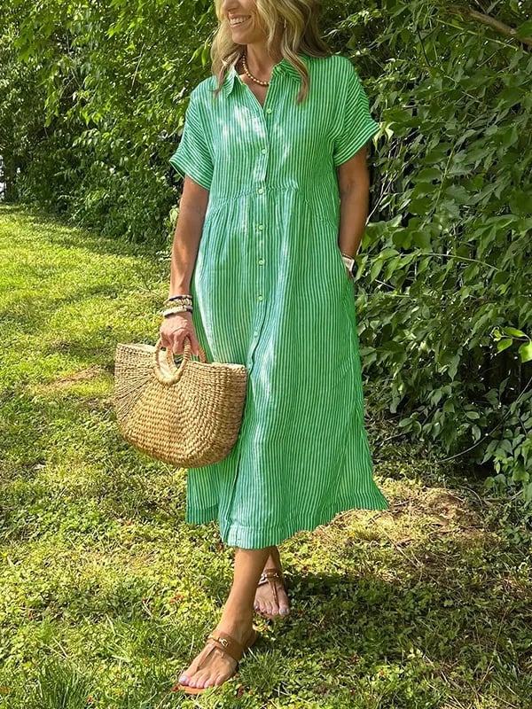 Striped Midi Shirt Dress with Pockets for Women