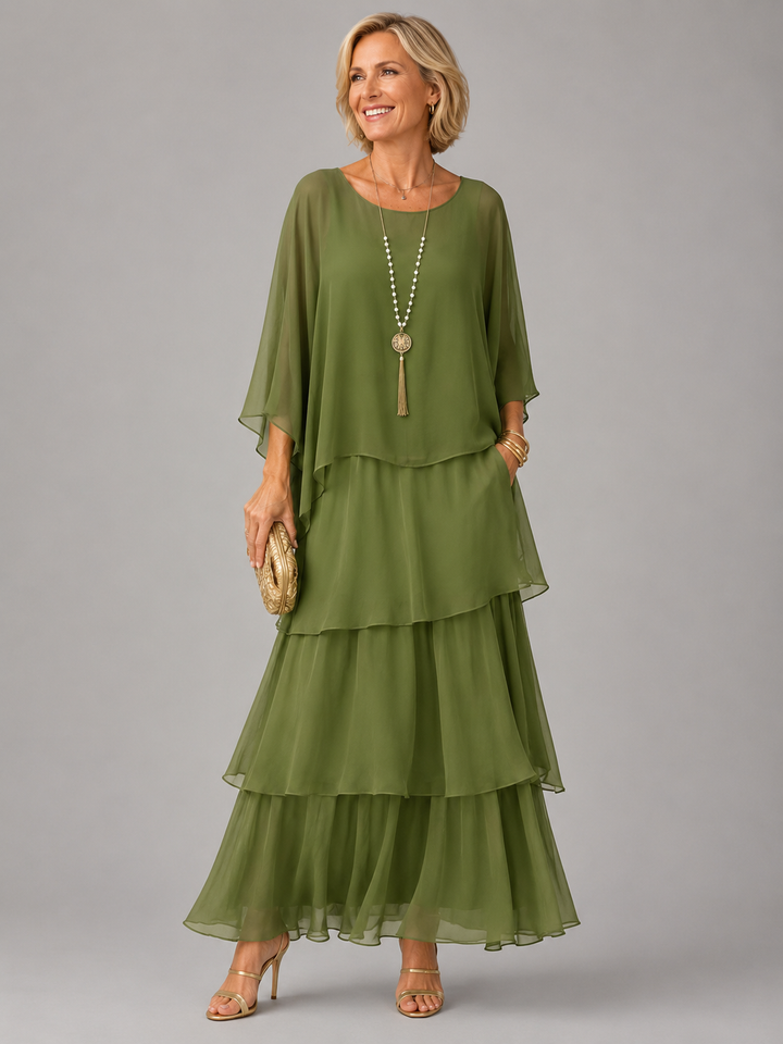 Tiered Chiffon Maxi Dress with Cape Sleeves for Women