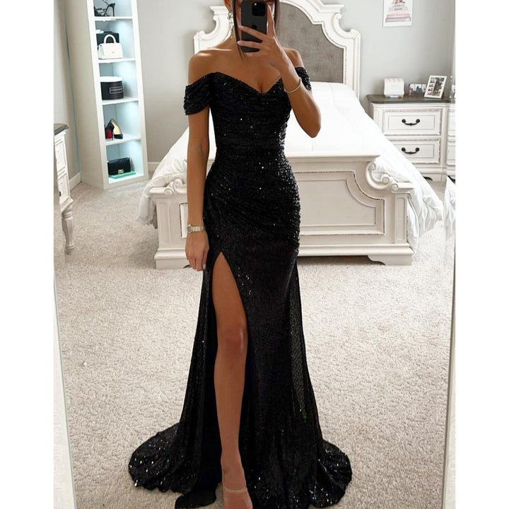 Off-Shoulder Sequin Gown with High Slit for Women
