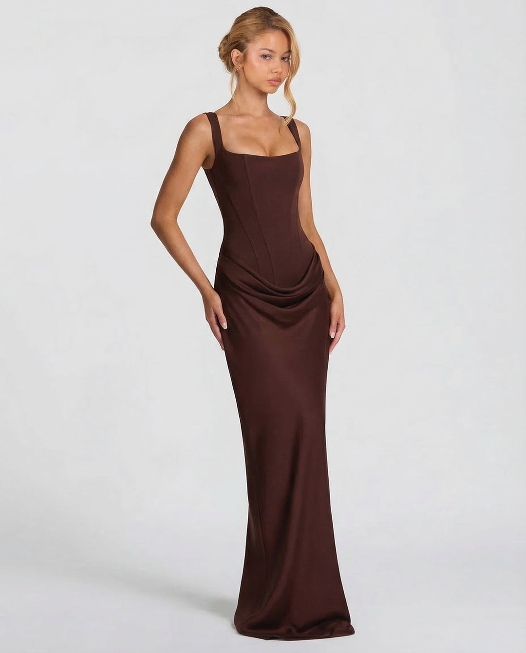 Square Neck Draped Waist Maxi Dress for Women