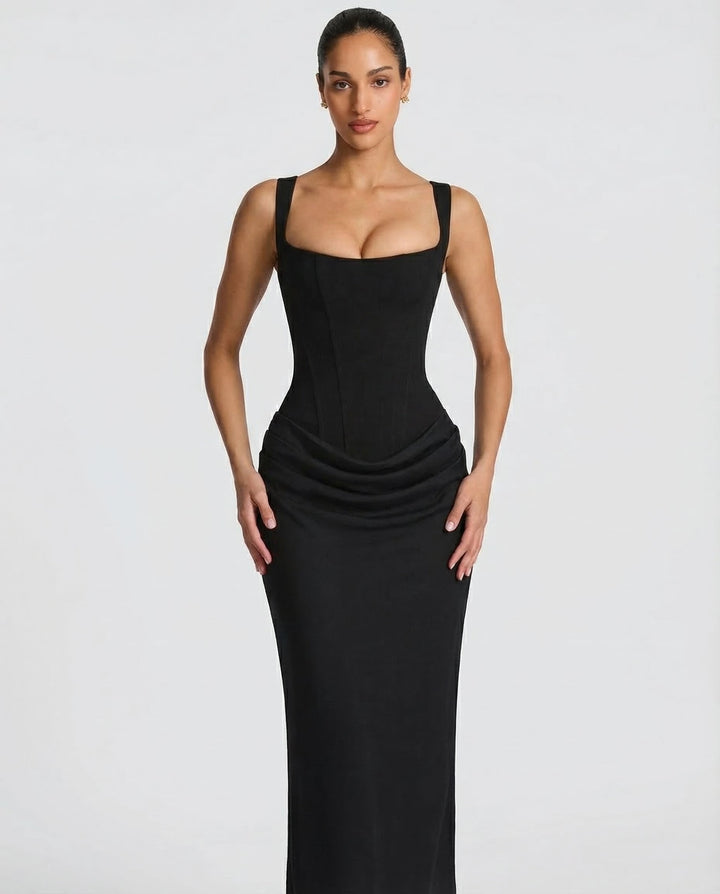 Square Neck Draped Waist Maxi Dress for Women