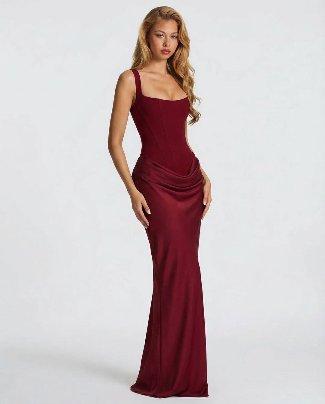 Square Neck Draped Waist Maxi Dress for Women