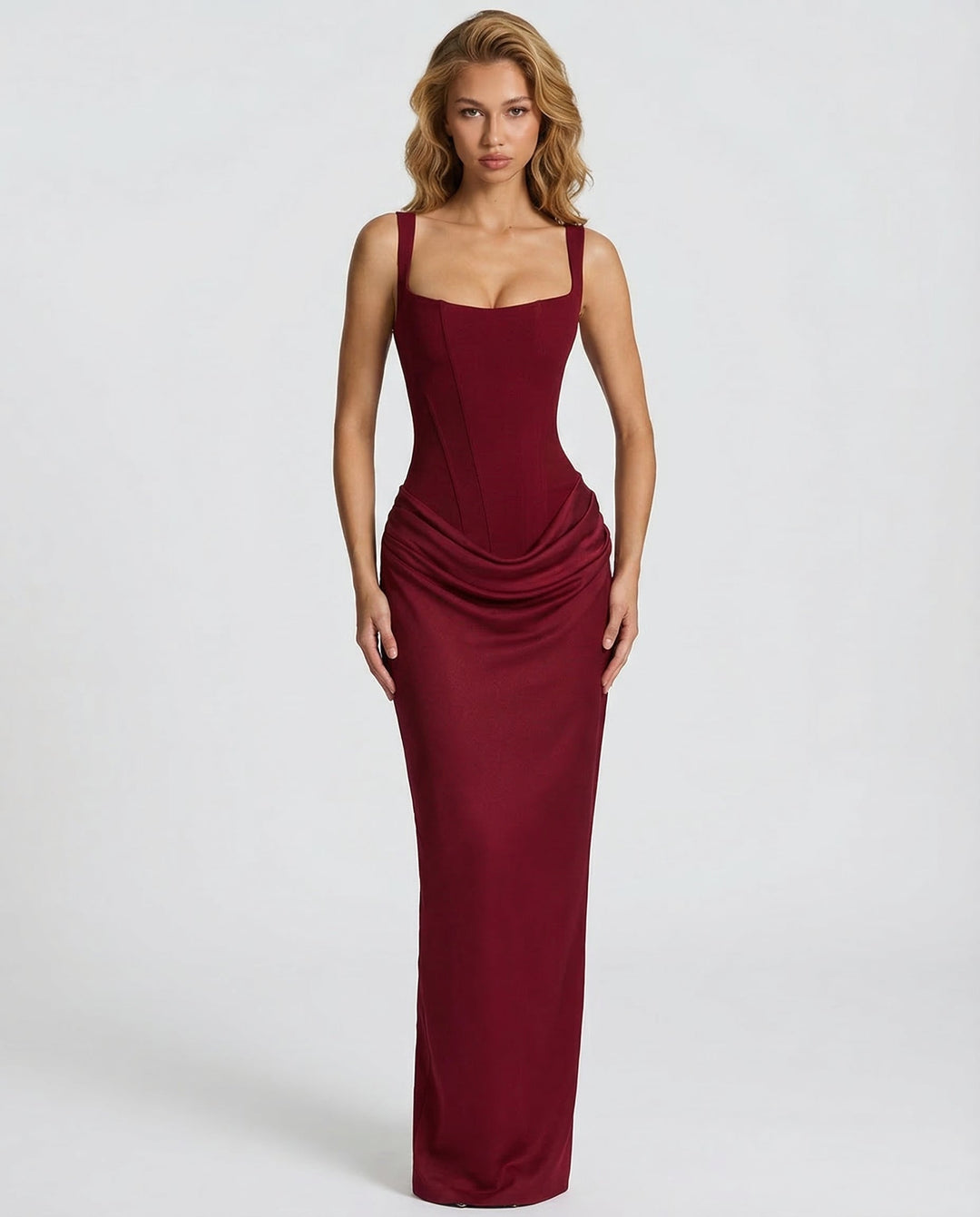 Square Neck Draped Waist Maxi Dress for Women