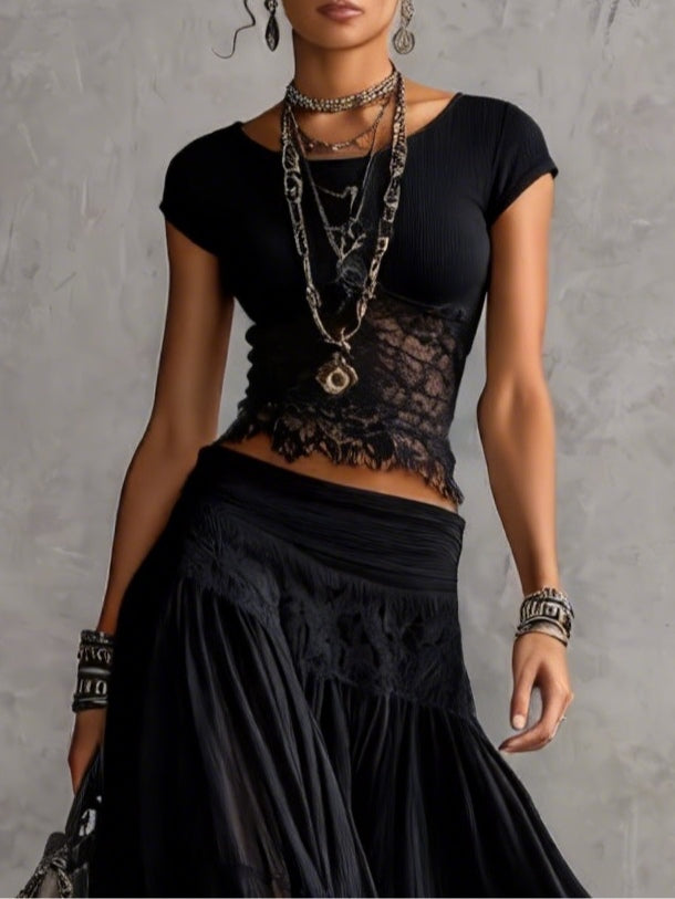 Lace Crop Top and Maxi Skirt Set for Women