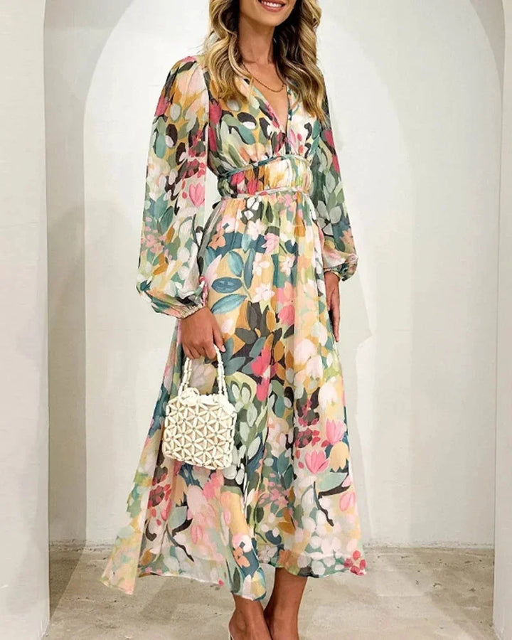 Floral V-Neck Flowing Midi Dress for Women
