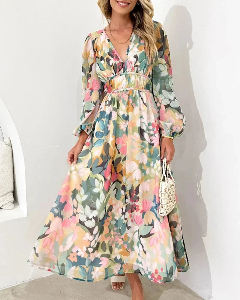Floral V-Neck Flowing Midi Dress for Women