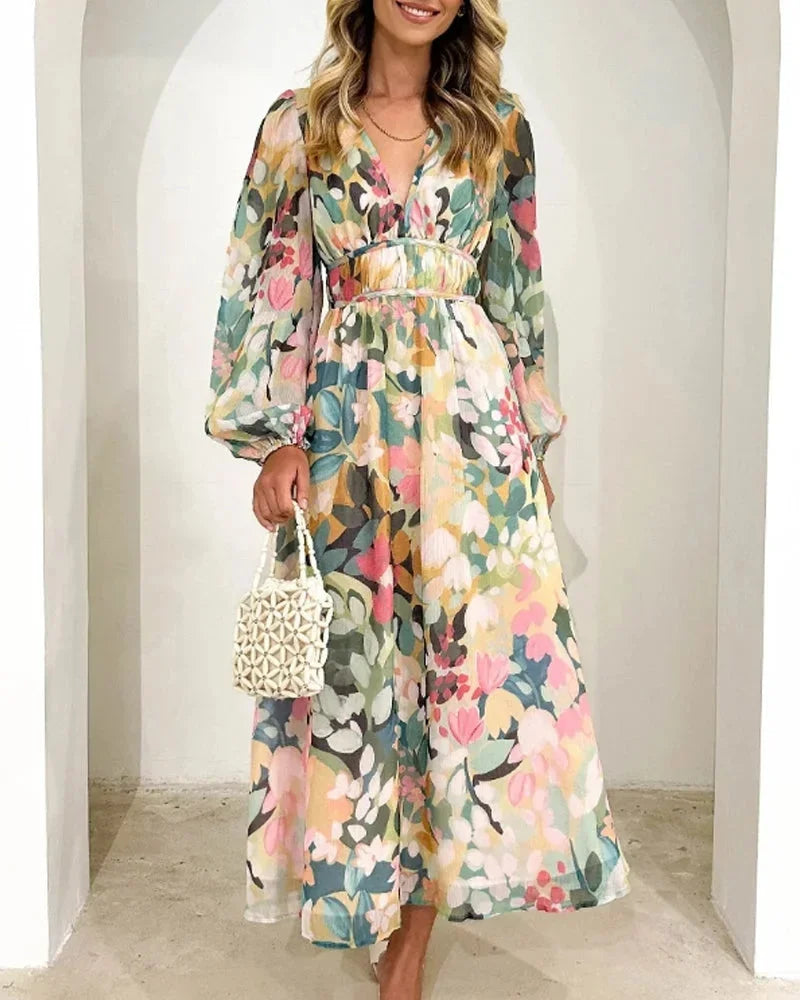 Floral V-Neck Flowing Midi Dress for Women