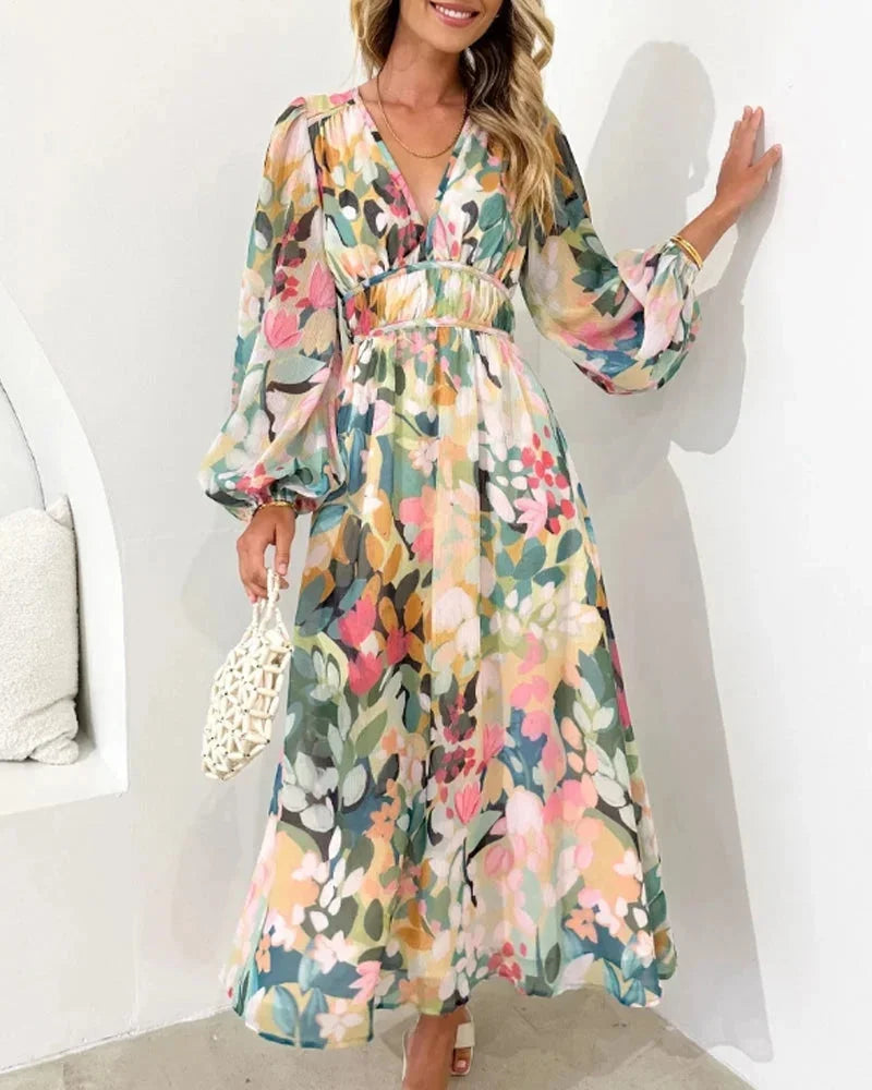 Floral V-Neck Flowing Midi Dress for Women