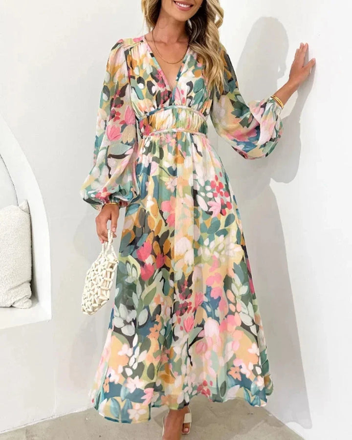 Floral V-Neck Flowing Midi Dress for Women