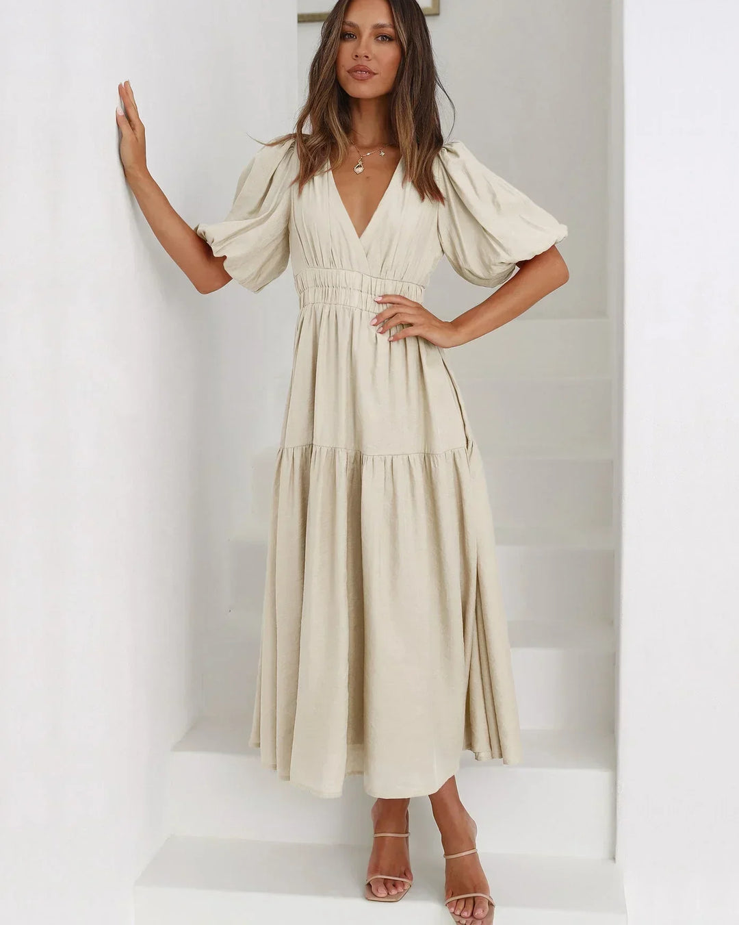 V-Neck Puff Sleeve Midi Dress for Women