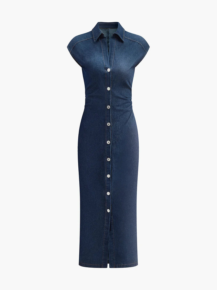 Button Front Cap Sleeve Midi Dress for Women