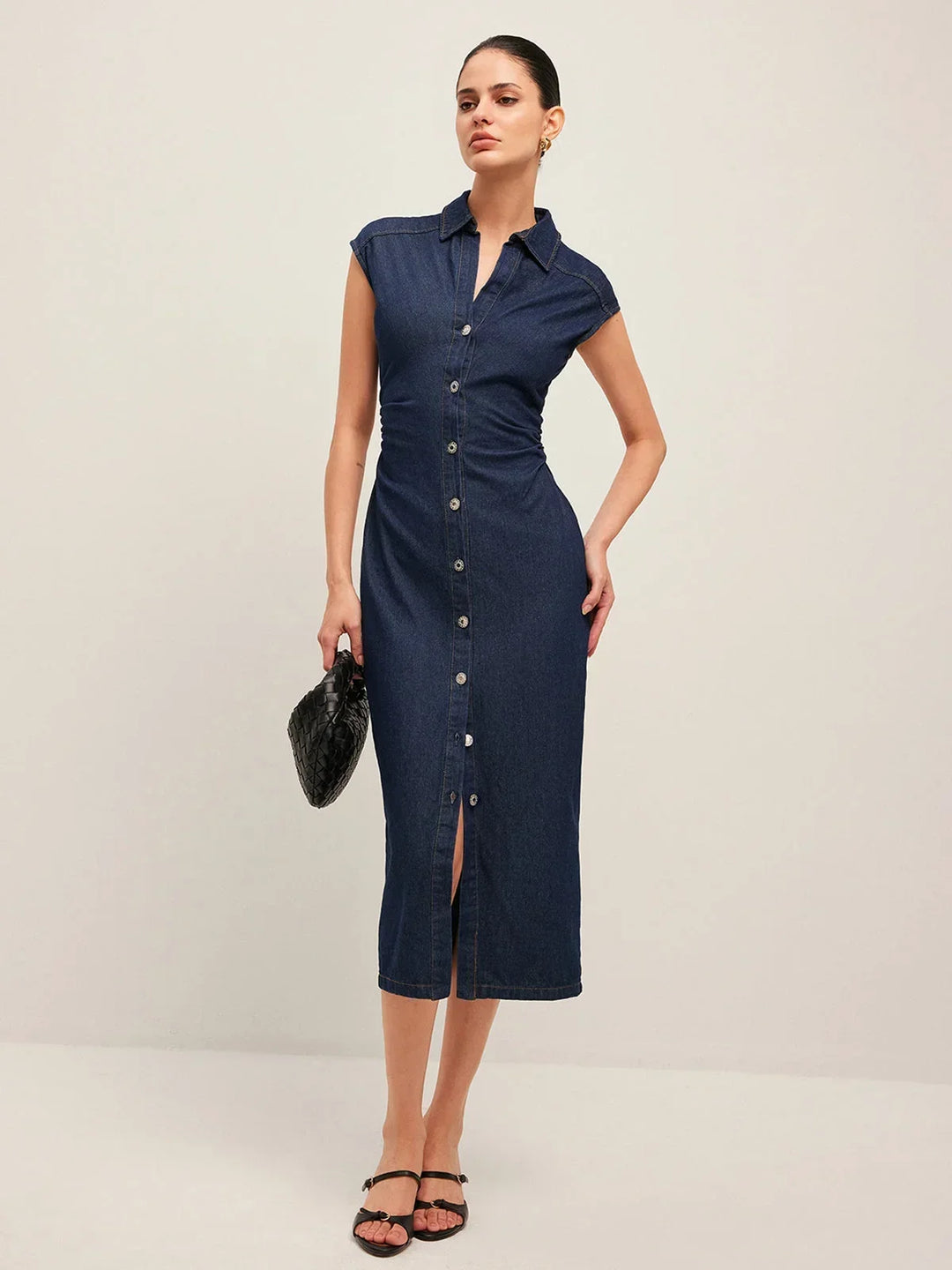 Button Front Cap Sleeve Midi Dress for Women