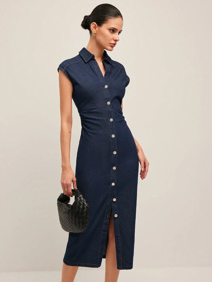 Button Front Cap Sleeve Midi Dress for Women
