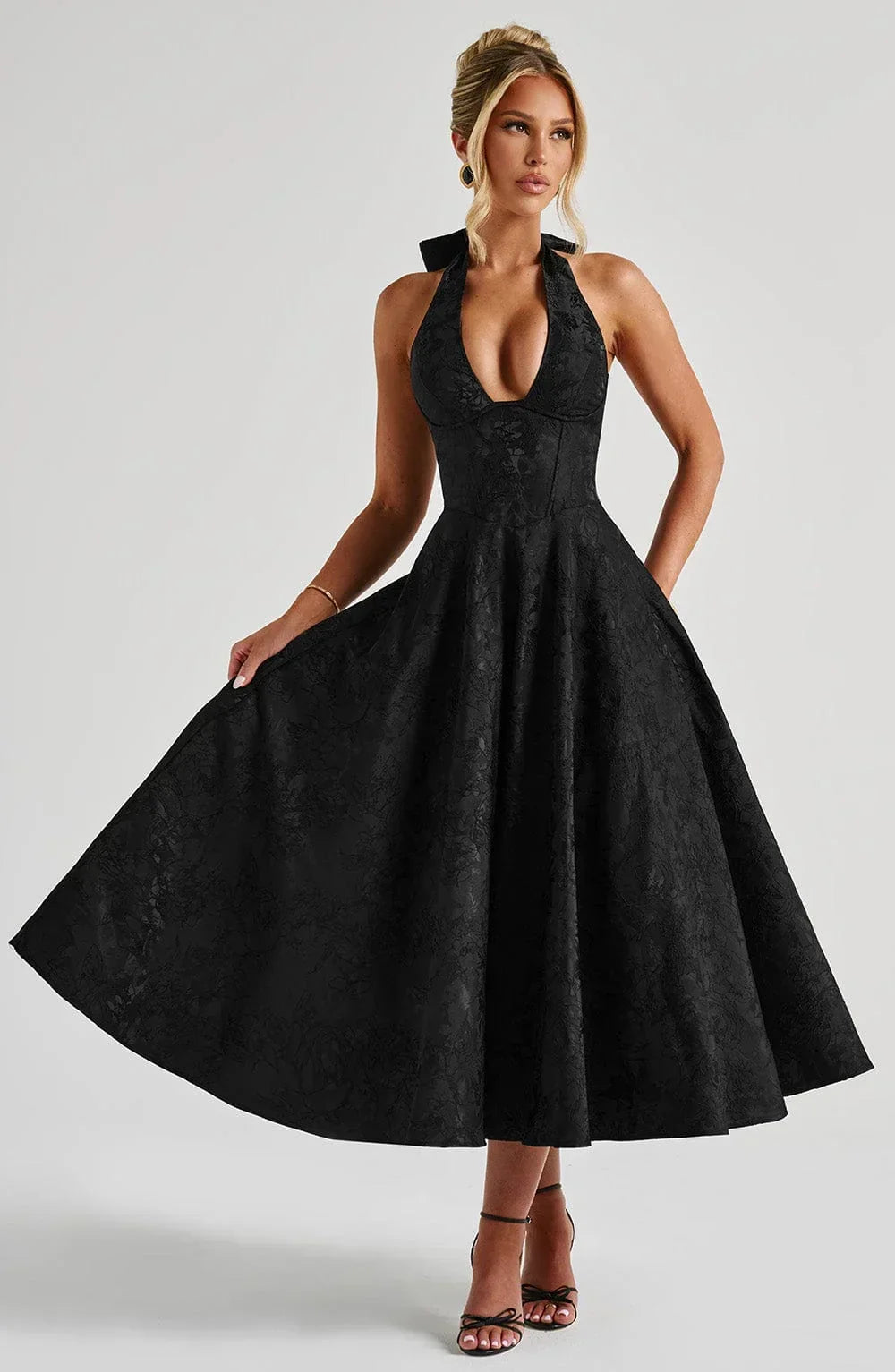 V-Neck Flared Midi Dress for Women