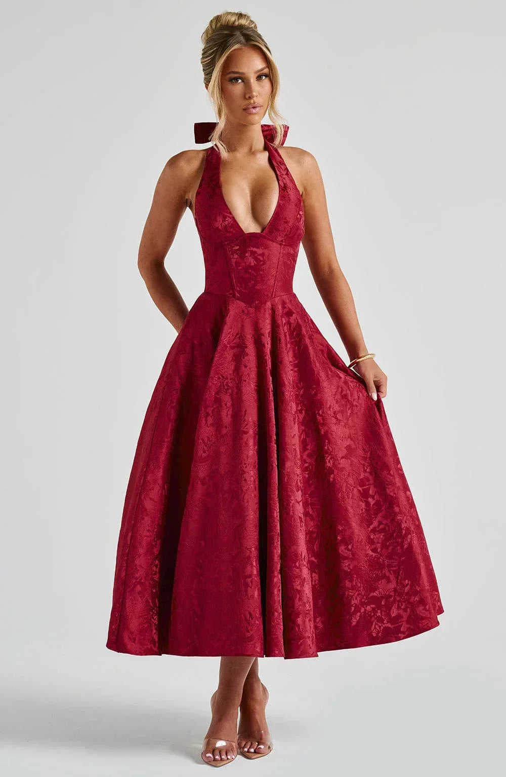 V-Neck Flared Midi Dress for Women