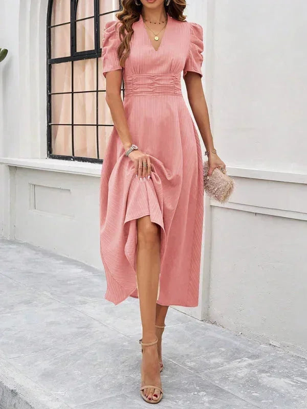Puff Sleeve A-Line Midi Dress for Women