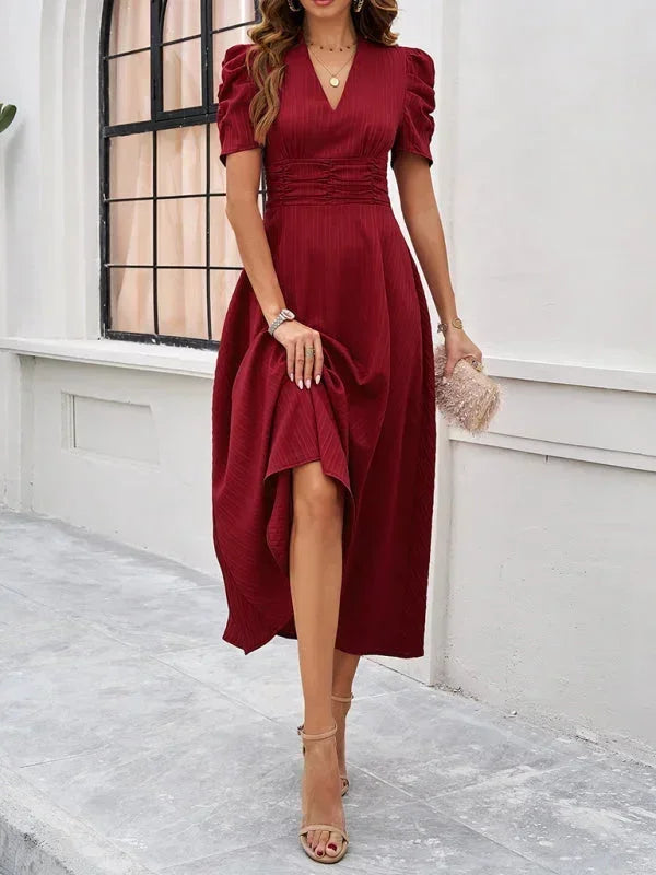 Puff Sleeve A-Line Midi Dress for Women
