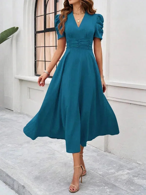 Puff Sleeve A-Line Midi Dress for Women