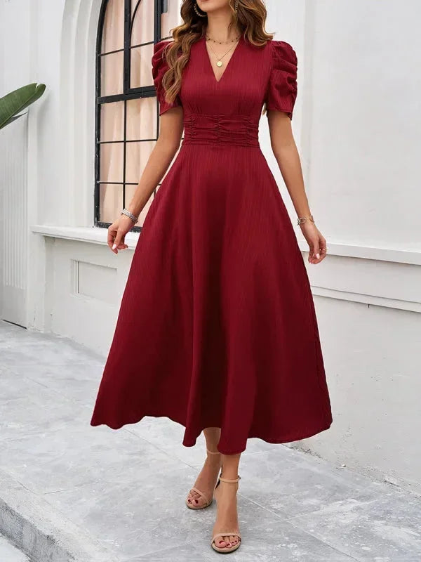 Puff Sleeve A-Line Midi Dress for Women